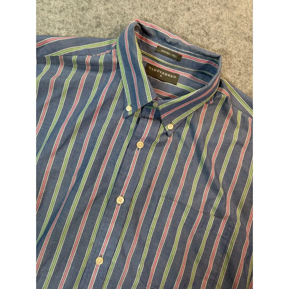 Saddlebred Mens Blue Striped Short Sleeve Button Down‎ Wrinkle Free Shirt XL
